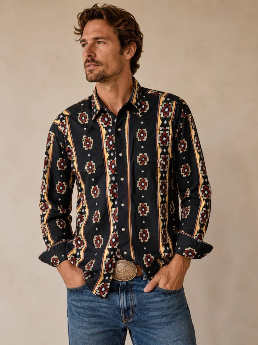 Wrangler Western Shirts VTG Men's SZ M Black Pearl Snap Shirt Black Aztec Design